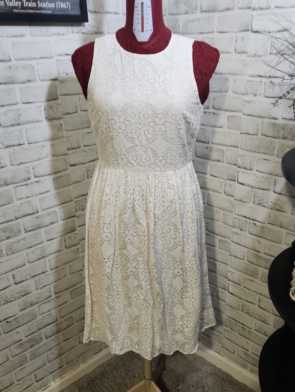 LOFT Cream Sleeveless Eyelet Midi Dress